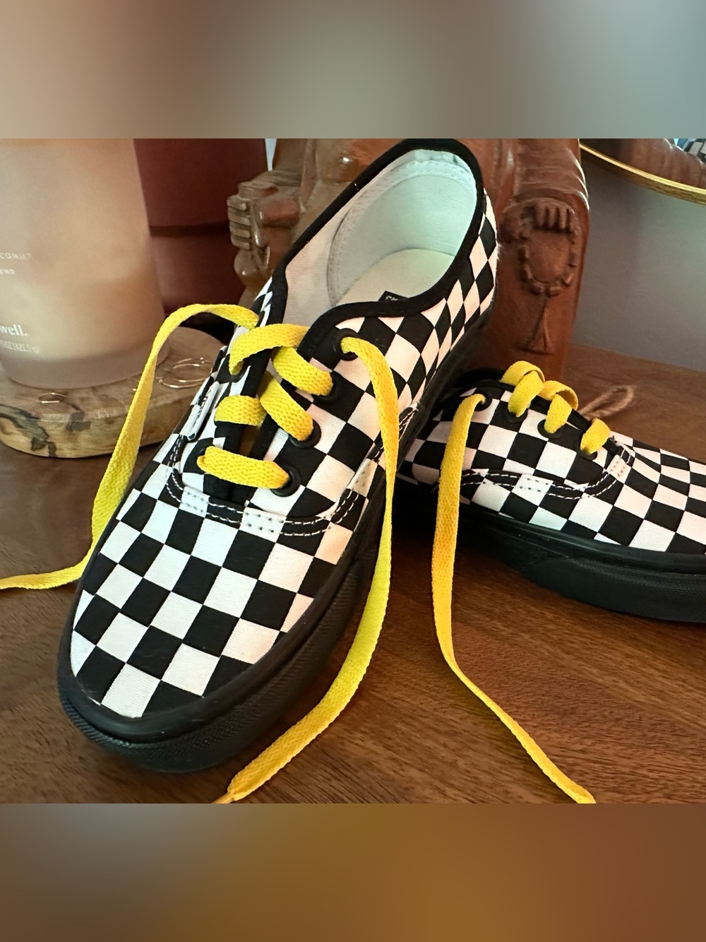 Vans Black-and-White Checkerboard Sneakers with Yellow Laces